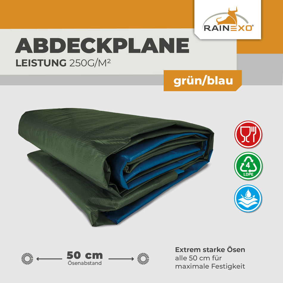 Hühnerauslauf Abdeckung PREMIUM 250g/m², Abdeckplane Grün/Blau vers. Größen