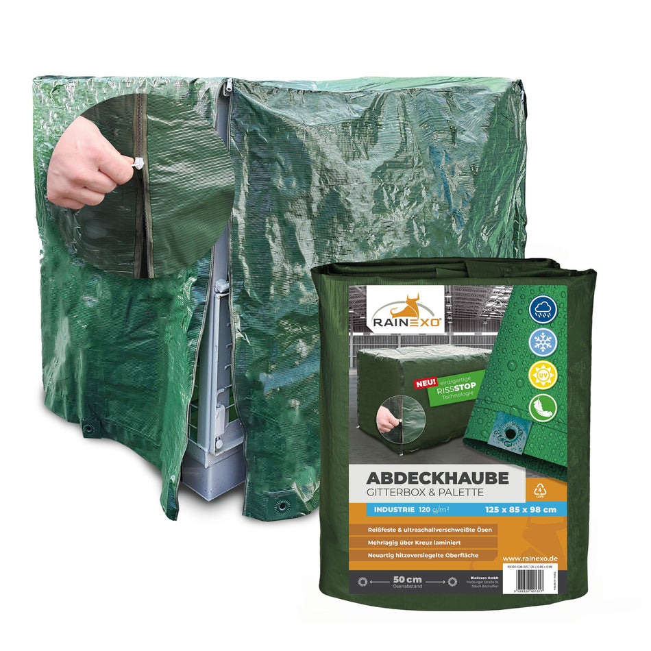 Abdeckhaube für Gitterbox 120g/m² Grün, optional mit Reißverschluss, 125x85x98cm