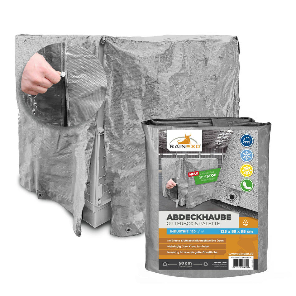 Abdeckhaube für Gitterbox 120g/m² Silber, optional mit Reißverschluss, 125x85x98cm