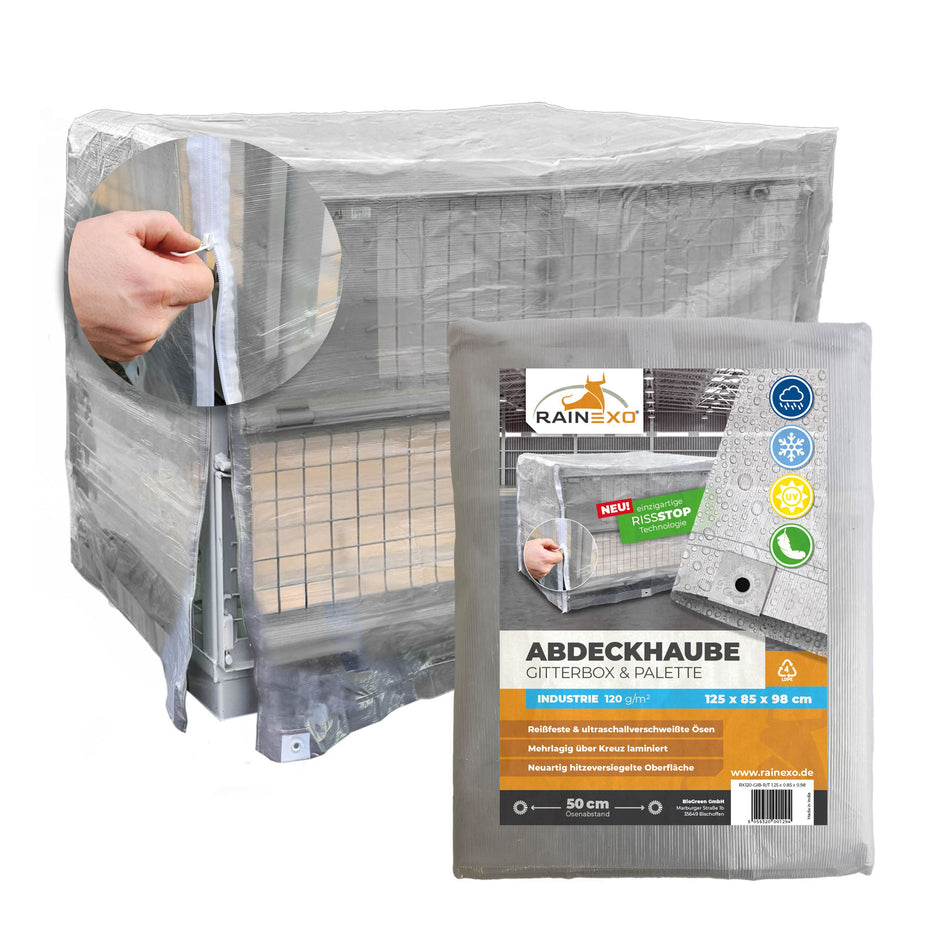 Abdeckhaube für Gitterbox 120g/m² Transparent, optional mit Reißverschluss, 125x85x98cm