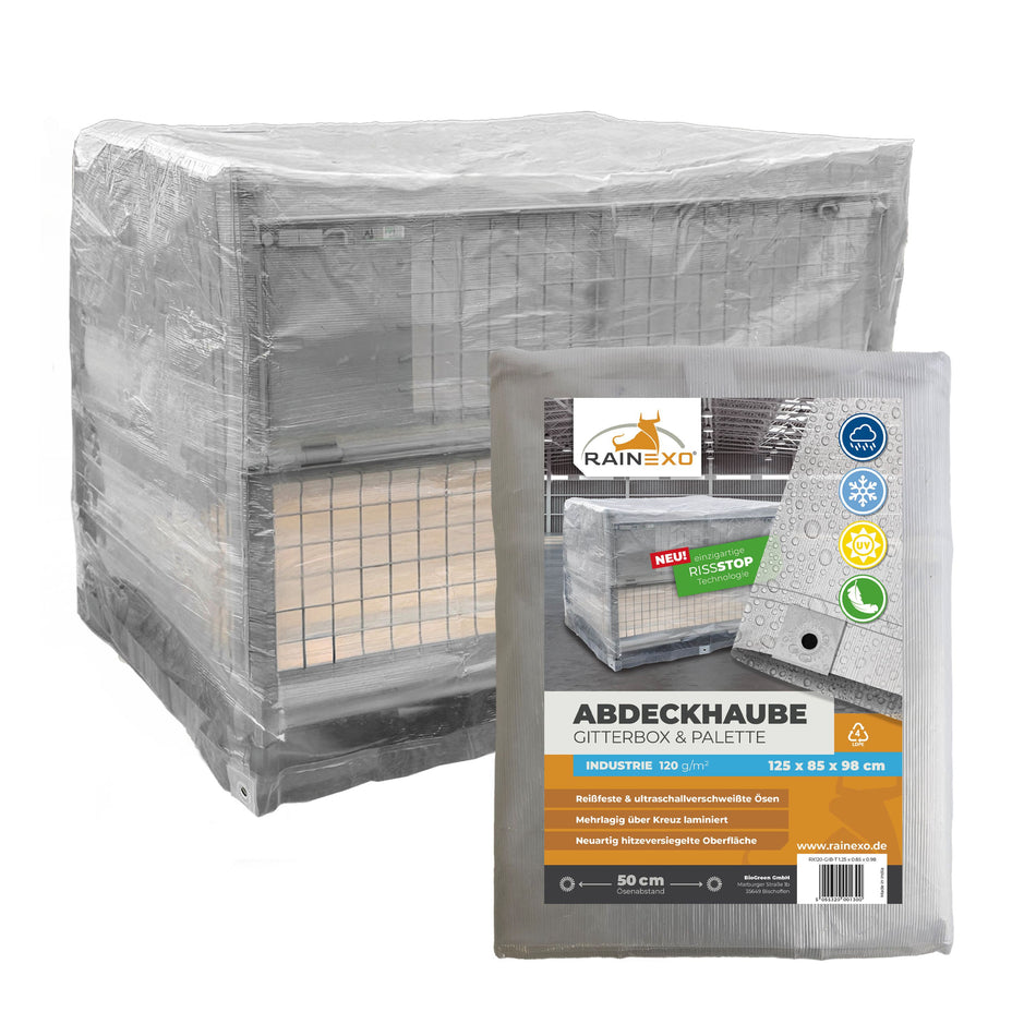 Abdeckhaube für Gitterbox 120g/m² Transparent, optional mit Reißverschluss, 125x85x98cm