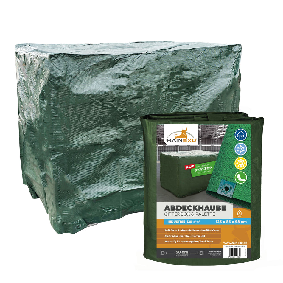Abdeckhaube für Gitterbox 120g/m² Grün, optional mit Reißverschluss, 125x85x98cm