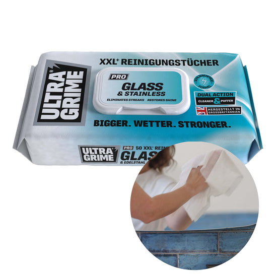 Glass & Stainless - XXL Premium Feuchtreinigungstücher, entfernt Streifen auf Glas, Chrom & Edelstahl